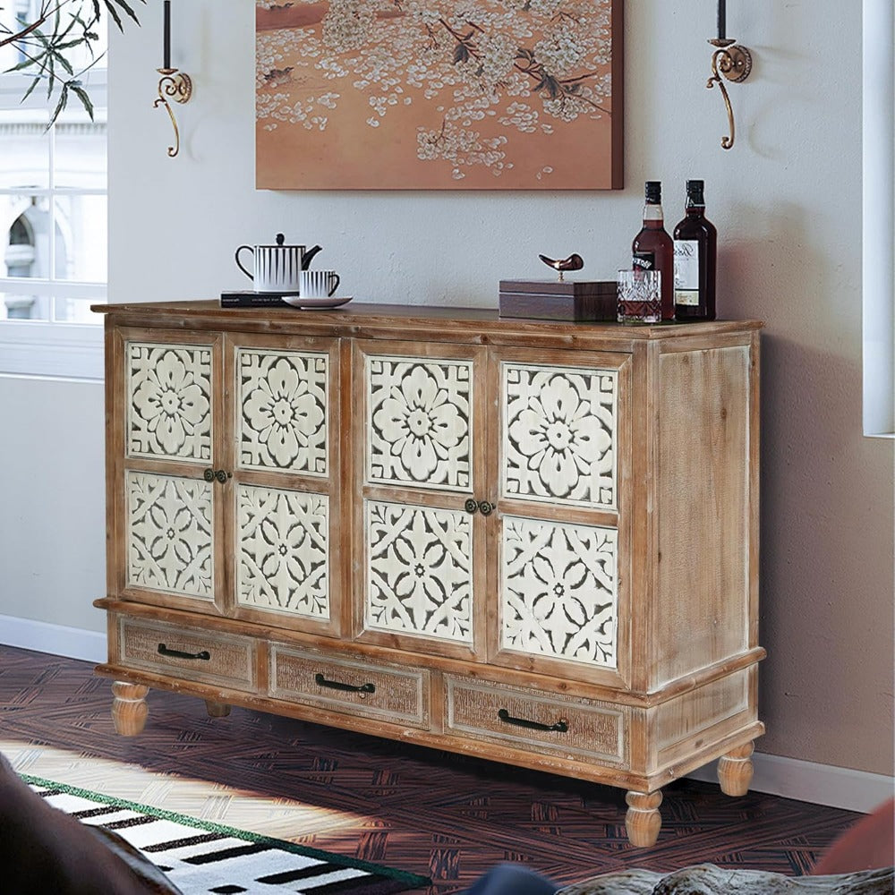 Accent Cabinet with 4 Doors & 3 Drawers, Hollow Carved Storage Sideboard, Wood Buffet Cabinet for Living Room, Dining Room