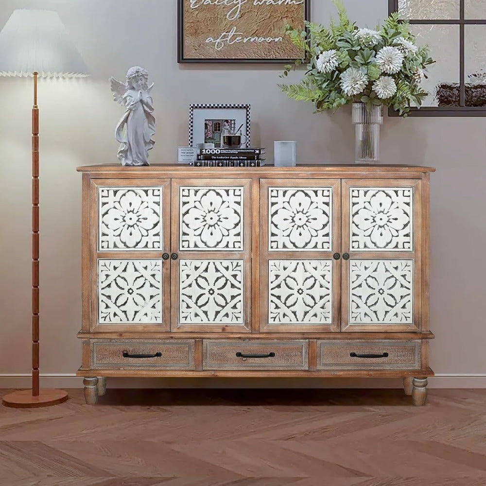 Accent Cabinet with 4 Doors & 3 Drawers, Hollow Carved Storage Sideboard, Wood Buffet Cabinet for Living Room, Dining Room