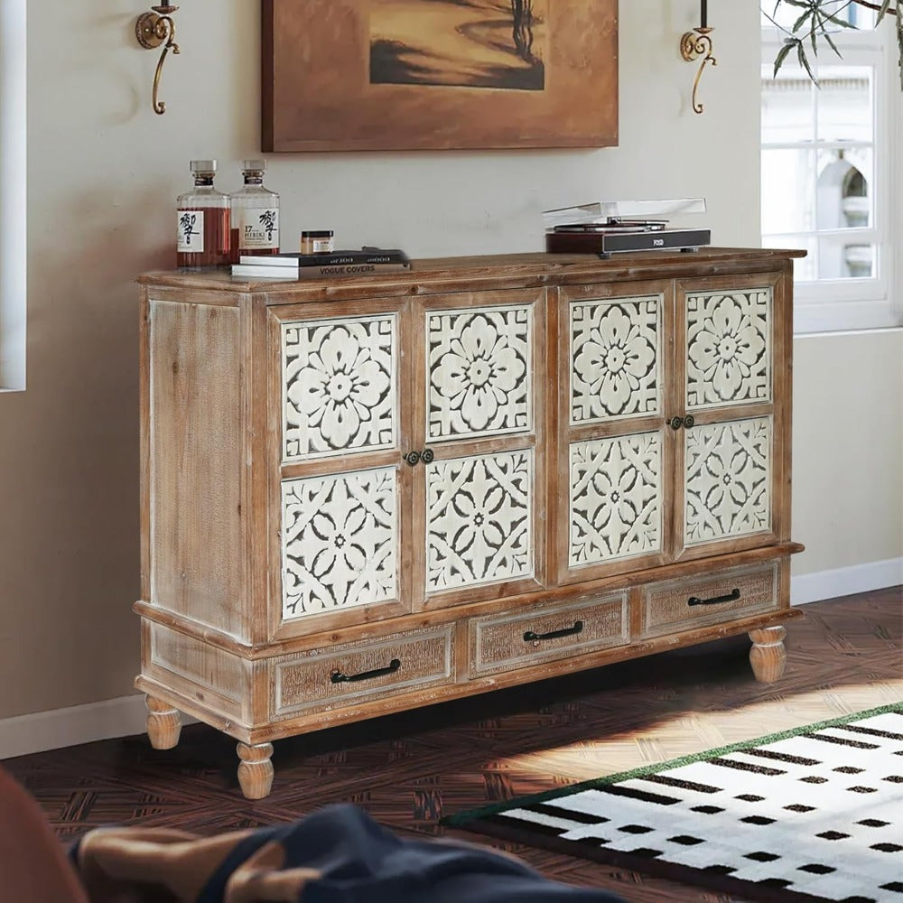 Accent Cabinet with 4 Doors & 3 Drawers, Hollow Carved Storage Sideboard, Wood Buffet Cabinet for Living Room, Dining Room