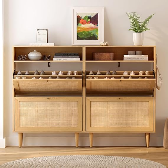 Narrow Shoe Cabinet Set of 2, Wooden Rattan Slim Shoe Storage Organizer with with 2 Flip Drawers & Open Compartment, Freestandin