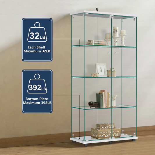 Glass Display Cabinet with Double Door, 4-Tier Curio Cabinet Collection Showcase, White, 64.5"x32"x14.4"
